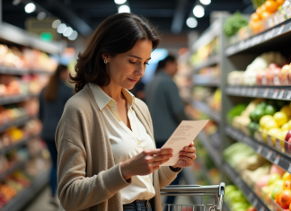 Femme d'âge moyen vérifiant un reçu dans un supermarché animé