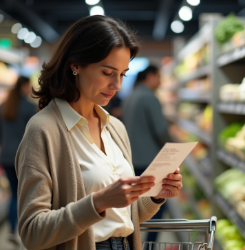 Femme d'âge moyen vérifiant un reçu dans un supermarché animé