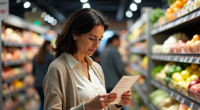Femme d'âge moyen vérifiant un reçu dans un supermarché animé
