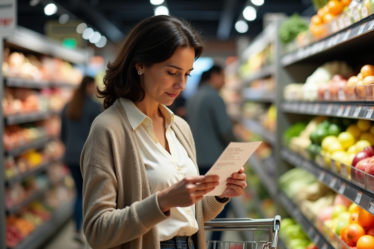 Femme d'âge moyen vérifiant un reçu dans un supermarché animé