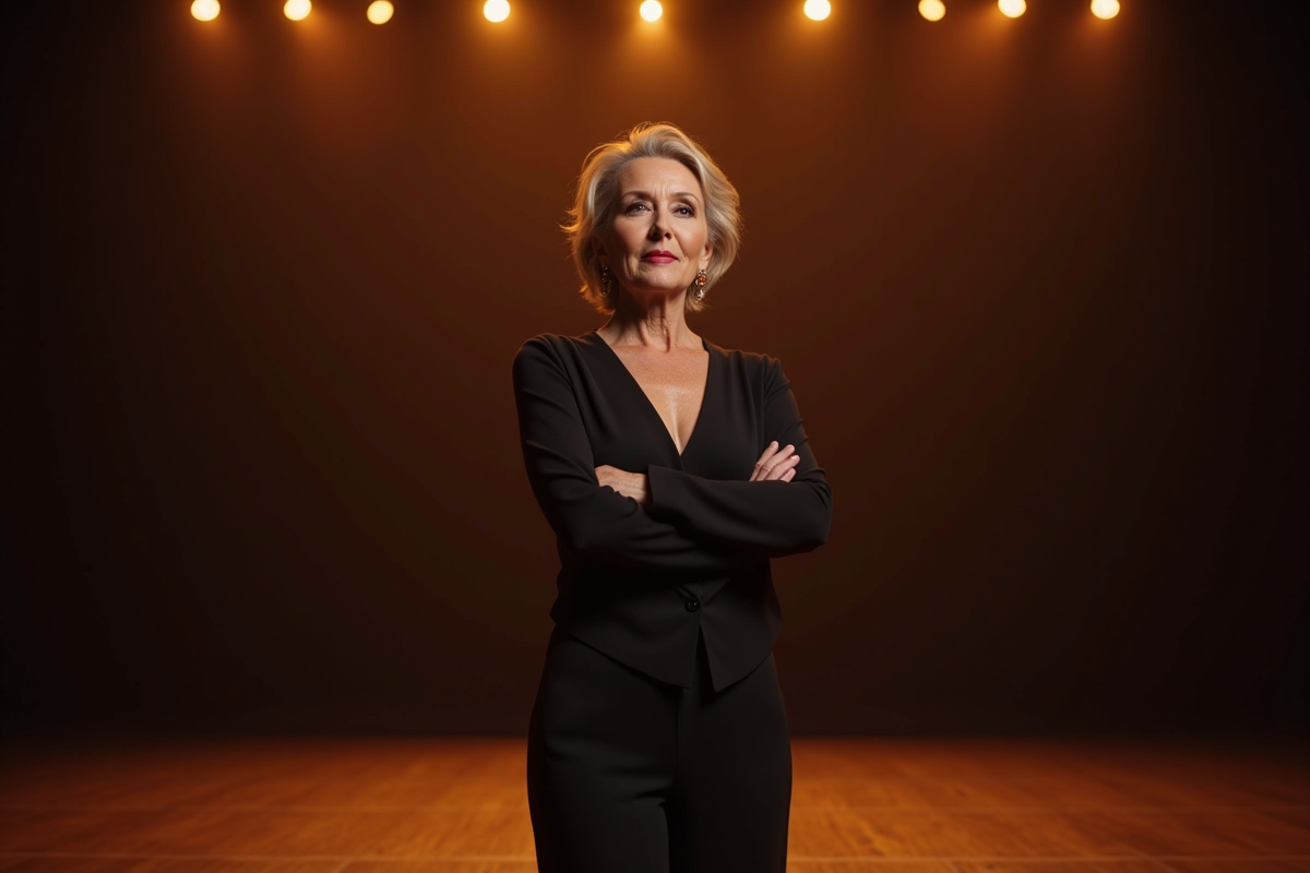 Femme posée sur scène avec éclairage chaud et ambiance dramatique