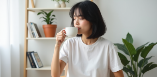 Personne minimaliste : portrait et caractéristiques de ce mode de vie sobre Femme assise en salon buvant du thé dans une pièce épurée