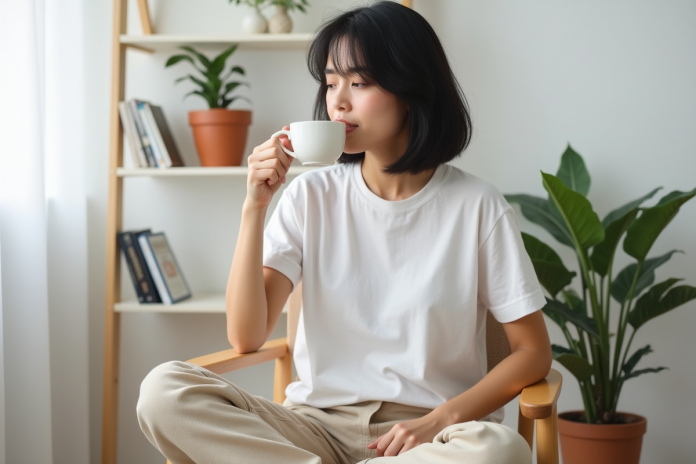 Femme assise en salon buvant du thé dans une pièce épurée