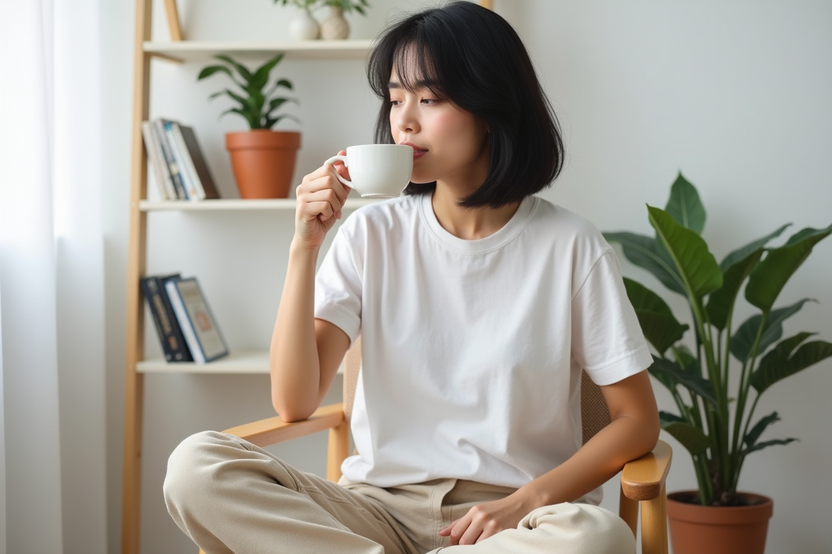 Femme assise en salon buvant du thé dans une pièce épurée