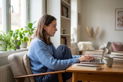 Jeune femme travaillant sur son ordinateur dans un home office