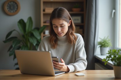 Jeune femme travaillant sur son ordinateur à la maison