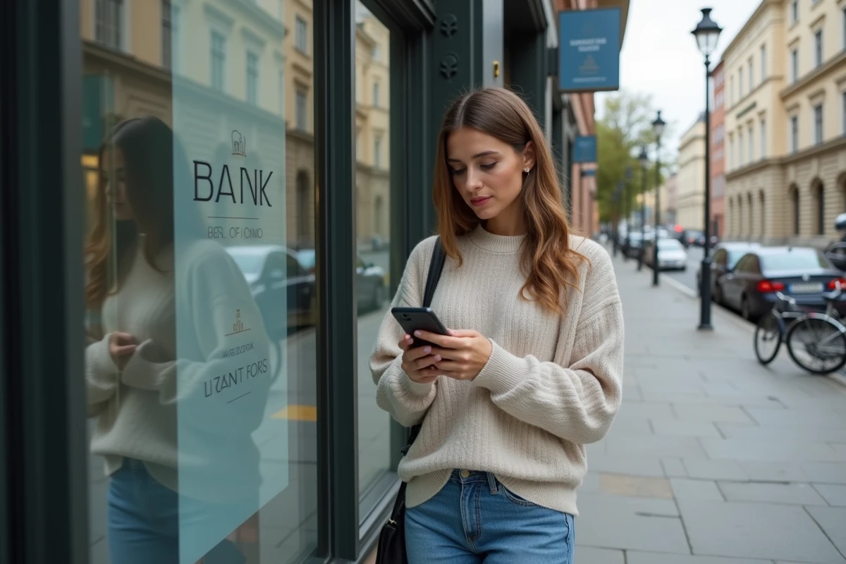 Femme jeune regardant son smartphone devant une banque en ville