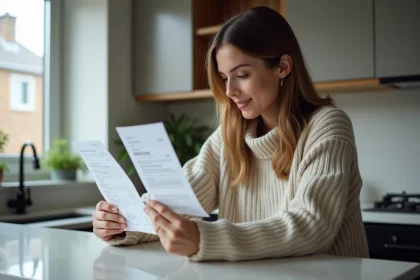 Jeune femme examinant sa facture de téléphone à la maison
