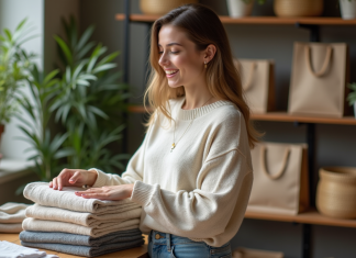 Jeune femme plie des vêtements écologiques dans une boutique chaleureuse