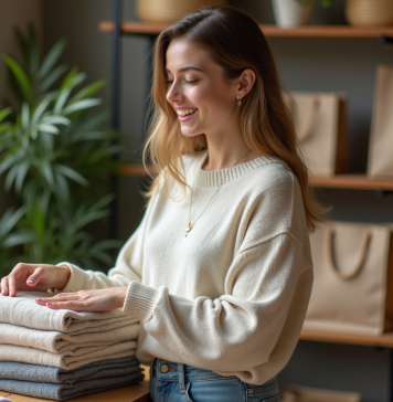 Vêtements durables : pourquoi les acheter pour un impact positif ? Jeune femme plie des vêtements écologiques dans une boutique chaleureuse