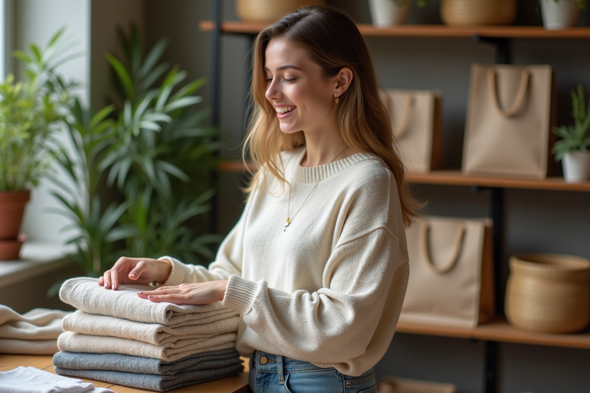 Jeune femme plie des vêtements écologiques dans une boutique chaleureuse