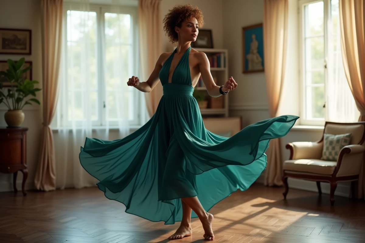 Femme mature pratiquant le zouk en solo chez elle, ondulation corporelle et féminité expressive en robe teal
