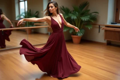 Femme en robe bordeaux pratiquant le zouk en studio de danse, ondulation latérale et posture féminine assumée