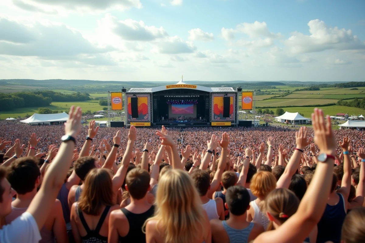 Grande foule au festival des Vieilles Charrues devant la scène principale lors d'une édition estivale en Bretagne