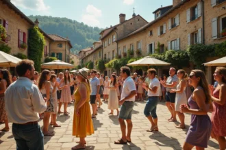 Fête de village animée sur une place provençale avec habitants dansant et maisons en pierre fleuries en arrière-plan