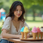 Comparaison des calories : Mister Freeze vs autres glaces populaires Jeune femme avec glaces colorées en plein air