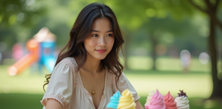 Jeune femme avec glaces colorées en plein air