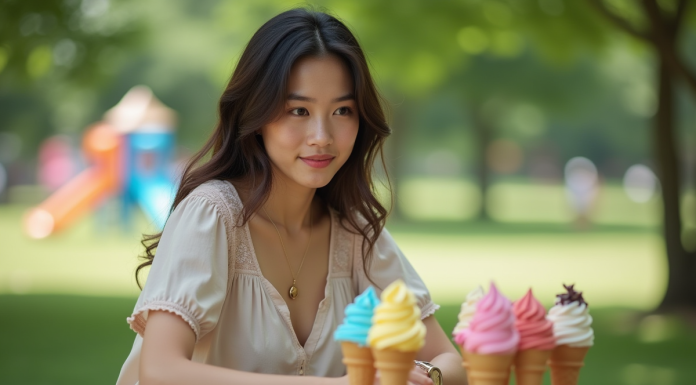 Comparaison des calories : Mister Freeze vs autres glaces populaires Jeune femme avec glaces colorées en plein air