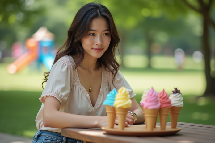 fille-ice-creams-parc Jeune femme avec glaces colorées en plein air