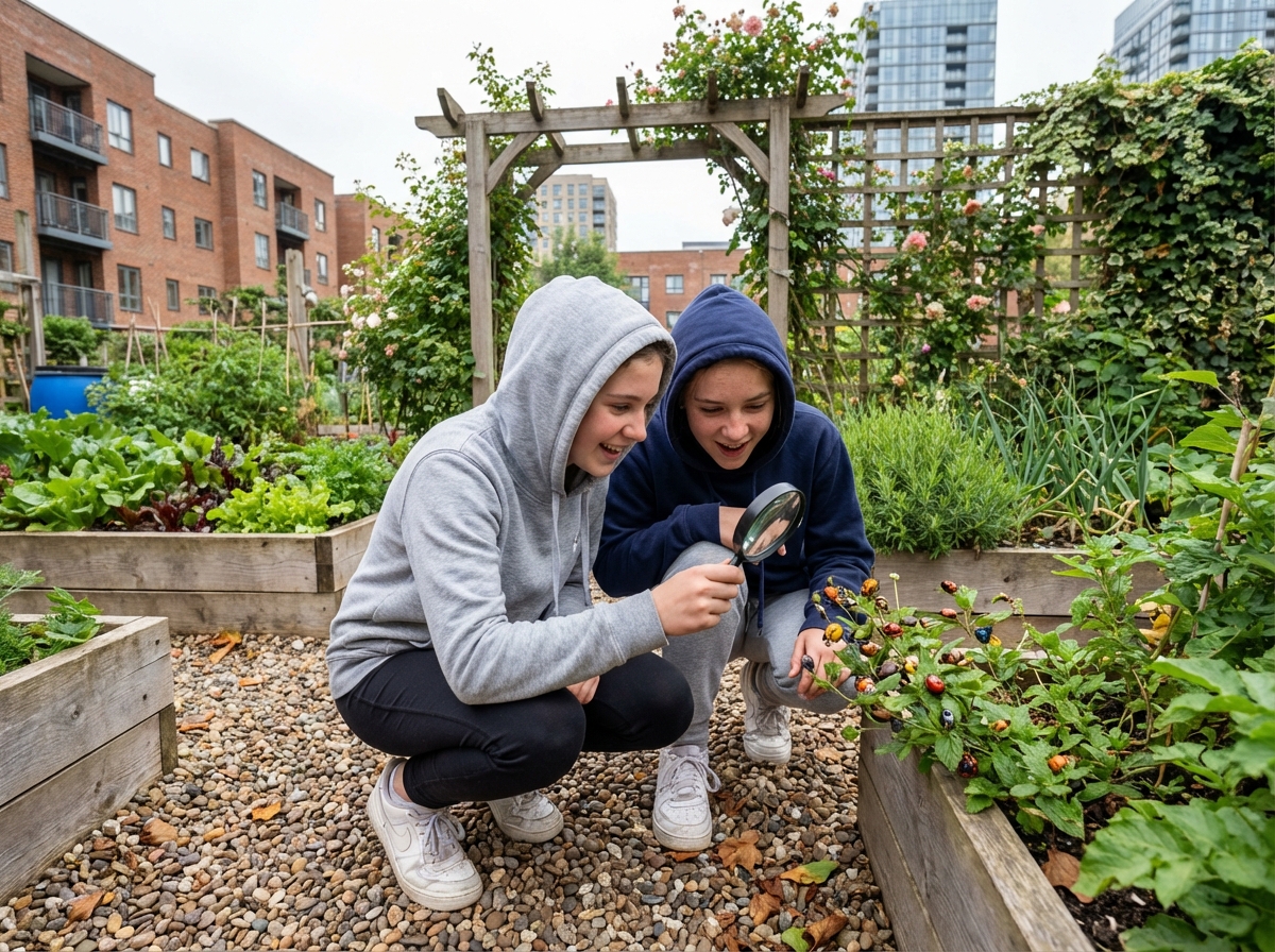 Adolescentes explorent des insectes dans un jardin urbain