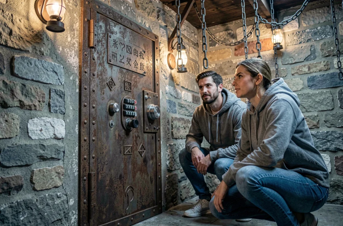 Deux joueurs tentant d'ouvrir une lourde porte à combinaison dans la salle d'escape game Freeing à Osny