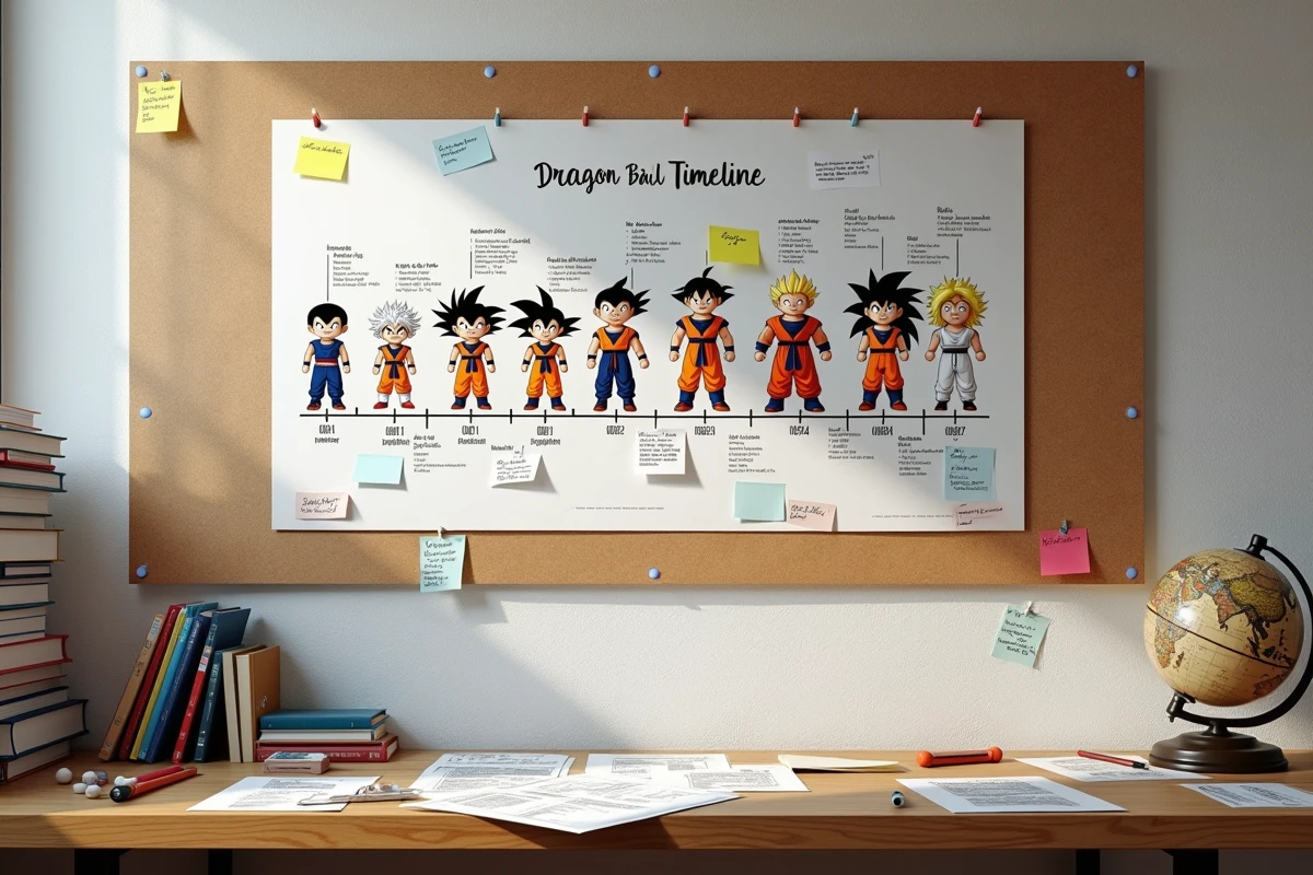 Frise chronologique imprimée des personnages Dragon Ball épinglée sur un tableau de liège dans un bureau créatif