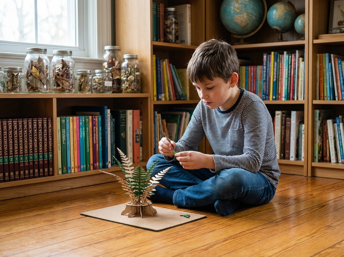 Jeune garçon concentré assemble un modèle botanique dans un bureau