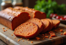 Gâteau au chorizo tranché sur une table en bois rustique