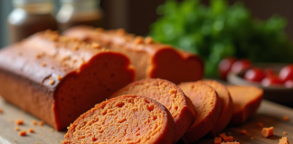 Gâteau au chorizo tranché sur une table en bois rustique