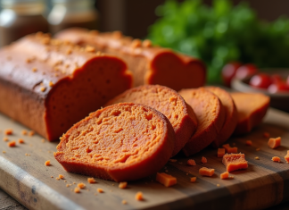 Gâteau au chorizo tranché sur une table en bois rustique