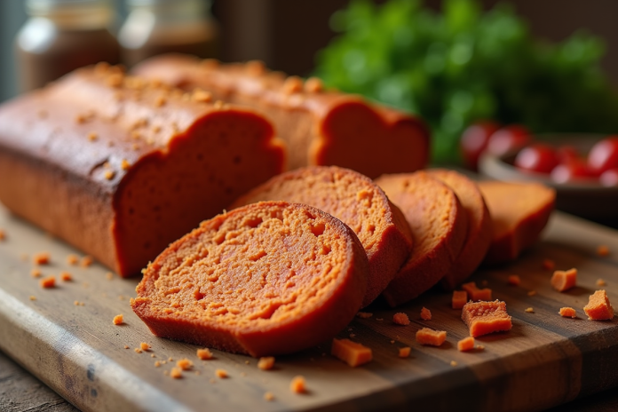 Gâteau au chorizo tranché sur une table en bois rustique