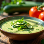 Bol de gazpacho de courgette frais sur une table en bois