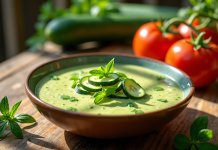 Bol de gazpacho de courgette frais sur une table en bois