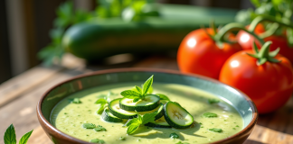 Bol de gazpacho de courgette frais sur une table en bois