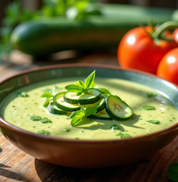 Bol de gazpacho de courgette frais sur une table en bois