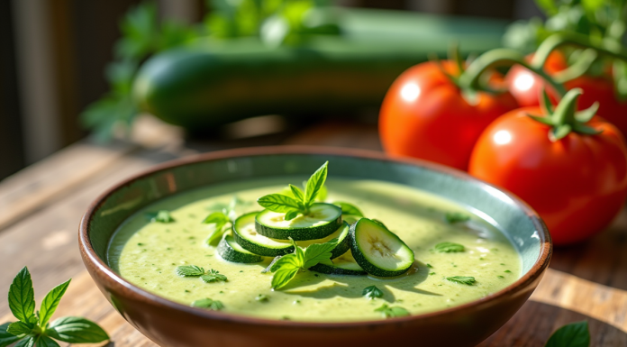 Bol de gazpacho de courgette frais sur une table en bois