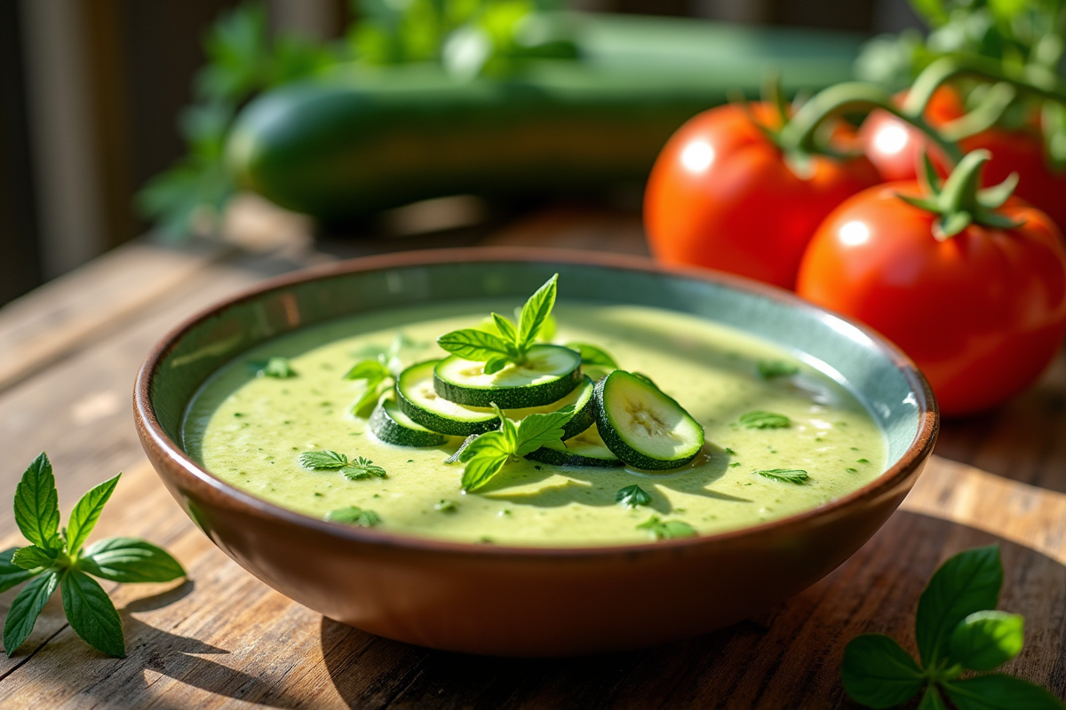 Bol de gazpacho de courgette frais sur une table en bois