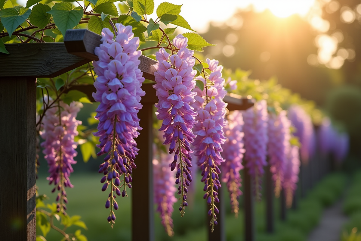 Vigne de glycine en pleine floraison sur un treillis