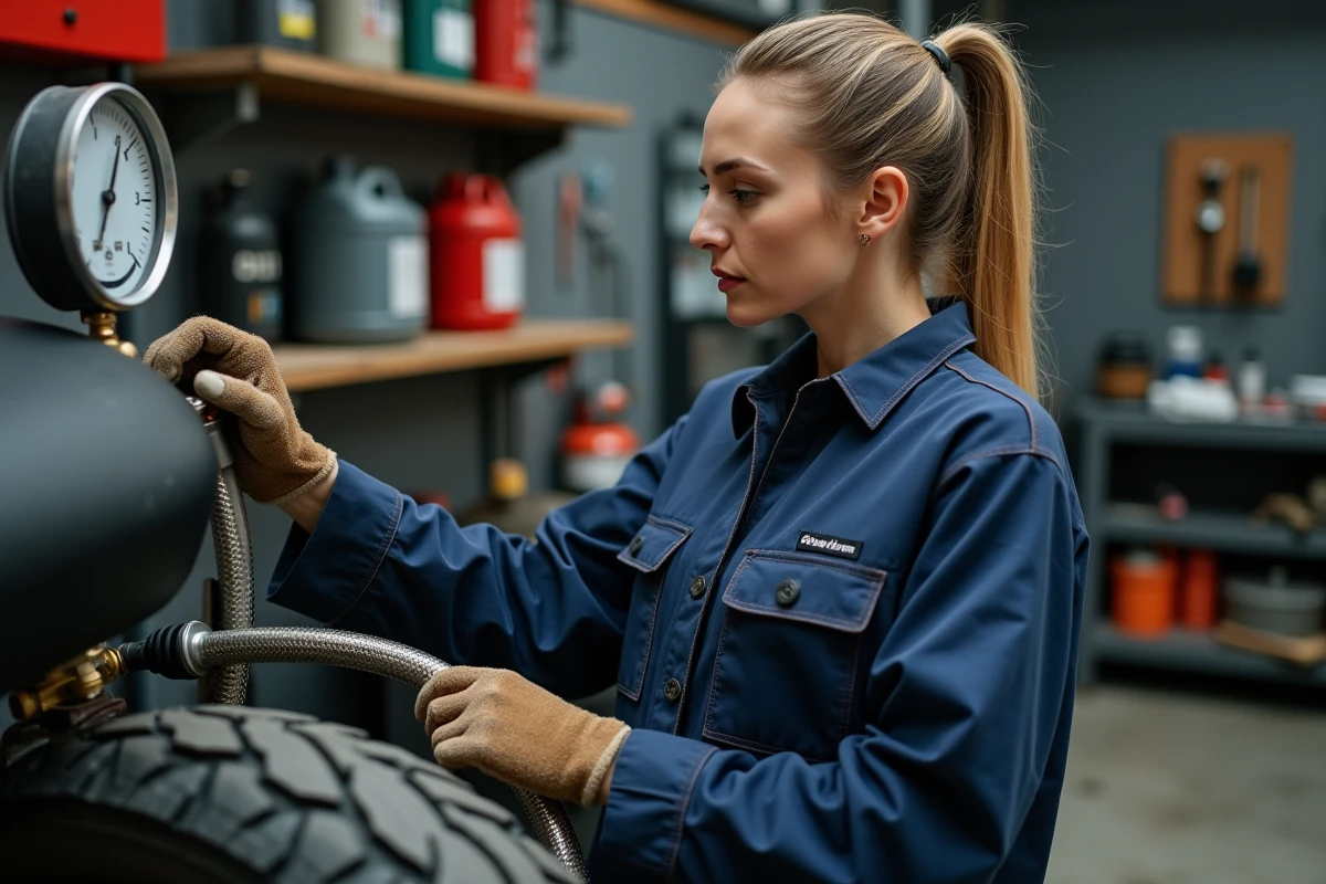 Mécanicienne gonflant un pneu de moto avec un compresseur d'air professionnel dans un garage automobile, jauge de pression murale visible en arrière-plan