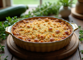 Gratin de courgettes dans un plat en céramique sur une table en bois