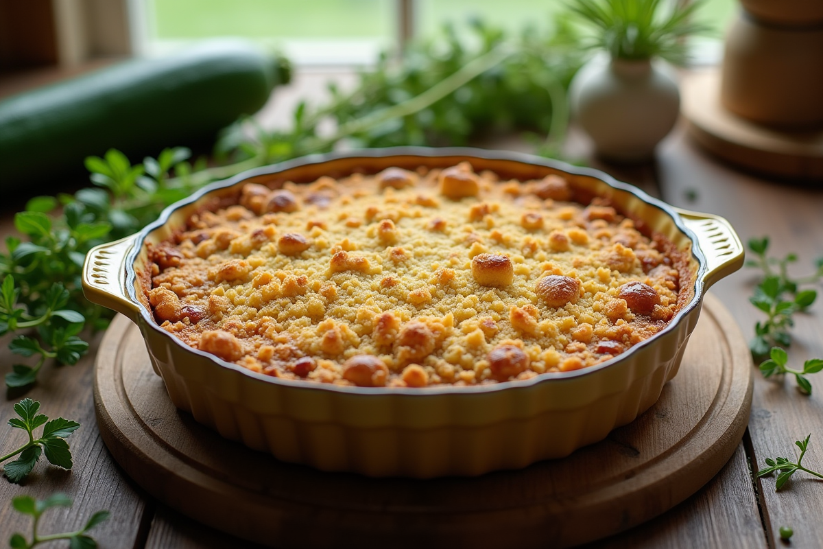 Gratin de courgettes dans un plat en céramique sur une table en bois