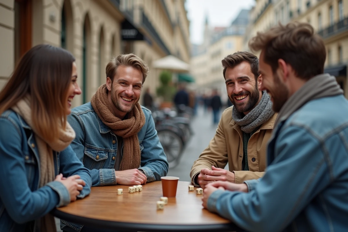 Groupe d'amis jouant au 421 en terrasse de café parisien avec dés ivoire et gobelet en cuir