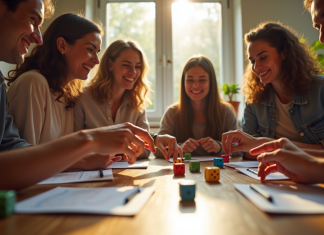 Les astuces essentielles pour respecter les règles du yahtzee Groupe d'amis jouant au Yahtzee autour d'une table en bois