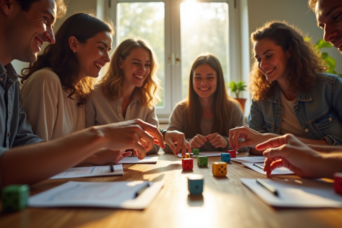 groupe-amis-jeu-yahtzee Groupe d'amis jouant au Yahtzee autour d'une table en bois