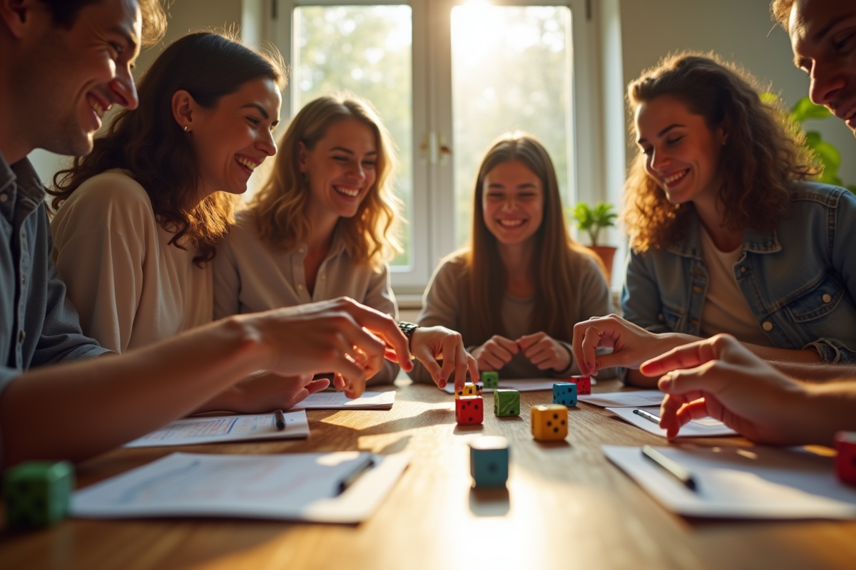 Groupe d'amis jouant au Yahtzee autour d'une table en bois