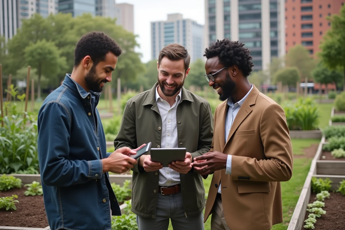 Groupe diversifié discutant dans un jardin urbain
