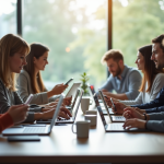 Groupe diversifié autour d'une table moderne avec smartphones