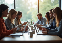 Groupe diversifié autour d'une table moderne avec smartphones