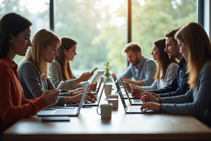 Groupe diversifié autour d'une table moderne avec smartphones