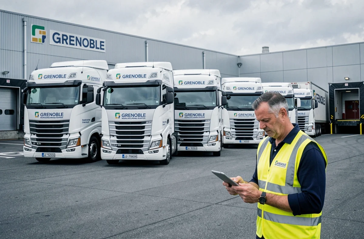 Flotte de camions du Groupe Dulac Déménagements alignés dans un dépôt logistique à Grenoble